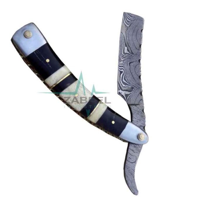 Custom Made Damascus Straight Razor With Bone & Bull Horn Handle ZaBeel